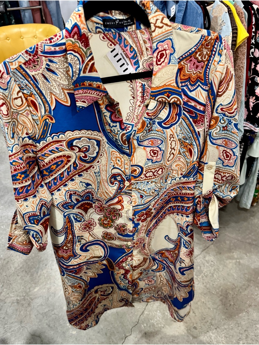 Emery Check Paisley Button-Down Shirt Dress in Blue and Cream